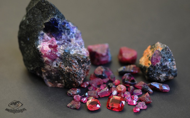 A group of Winza ruby and sapphire crystal specimens collected by Vincent Pardieu while visiting the Winza gem mining area in 2008 associated with two beautiful faceted rubies seen in Paris.